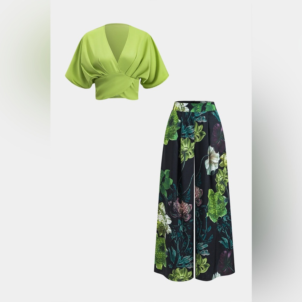 Floral Wide-Leg Pants & Lime Green Wrap Crop Top Set